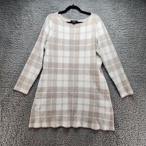 Tahari Dress Womens XL Beige Plaid Long Sleeve Knit Sweater Dress